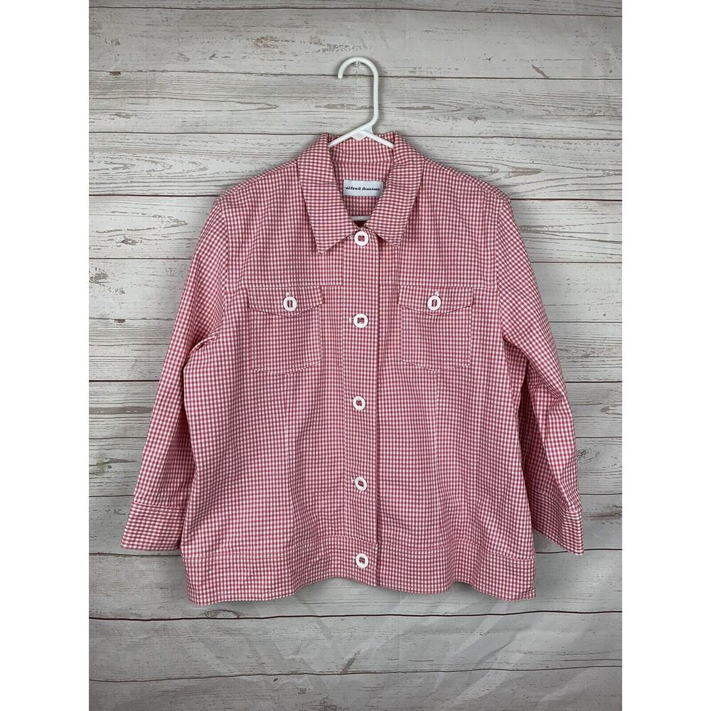 Alfred Dunner jacket Womens Size 12 Pink‎ White Plaid Button Up Front Top Lined